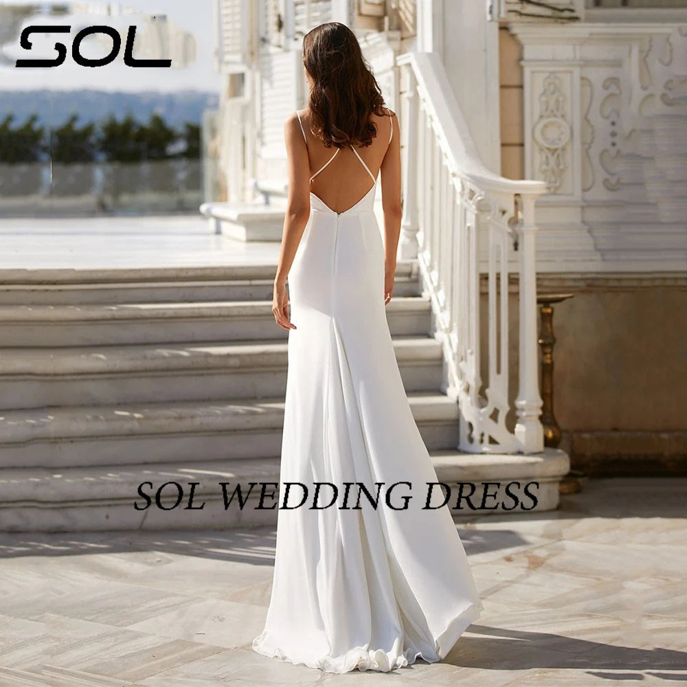 Sol Sol Simple-decote em V Spaghetti Straps Dress Vestido de noiva para mulheres Spandex de alta fenda