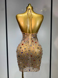 Colorful Crystals Diamond Women Sexy Halter Mesh See Through Bodycon Dress Nightclub Evening Party Celebrate Birthday Costume