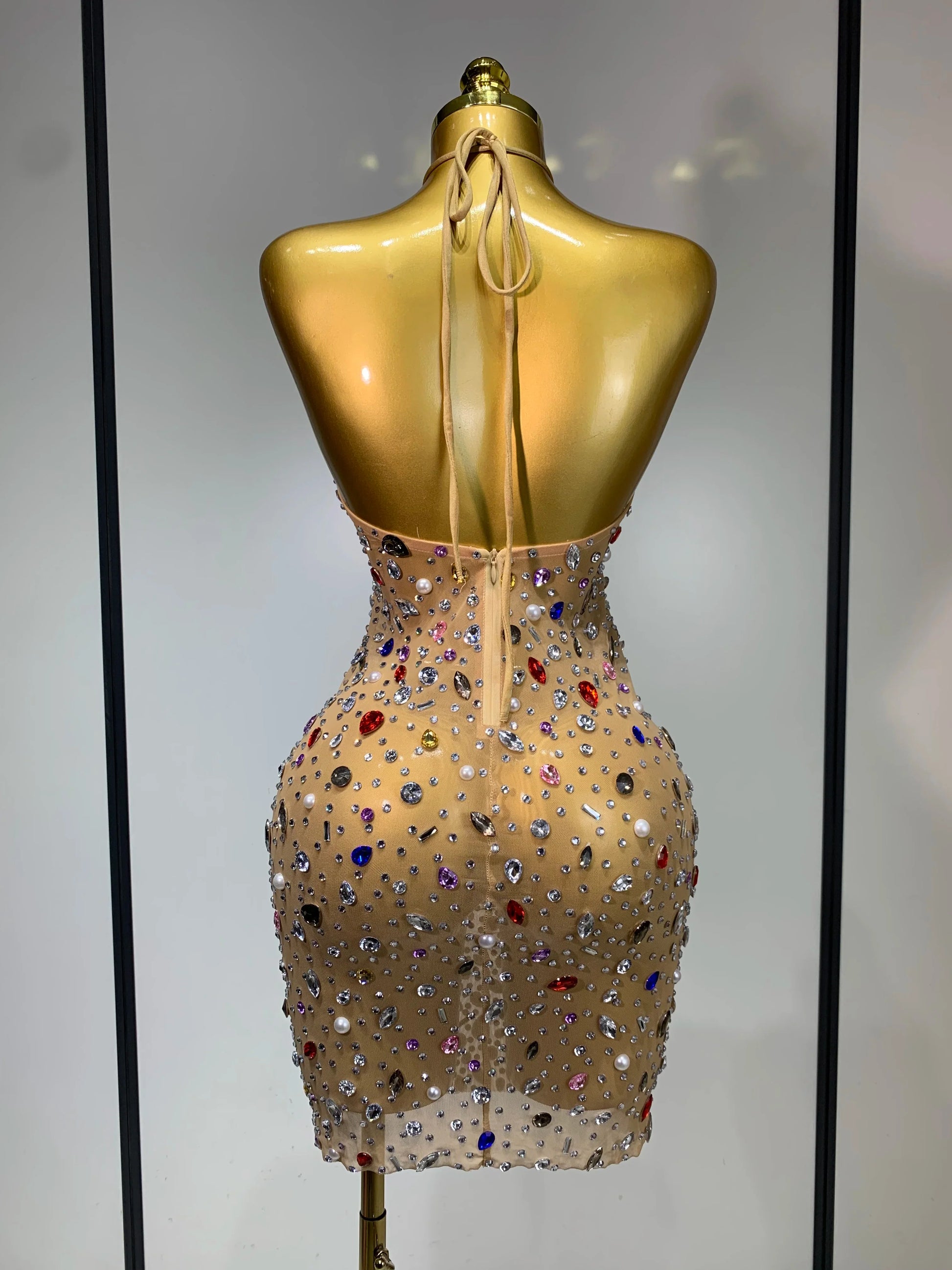 Colorful Crystals Diamond Women Sexy Halter Mesh See Through Bodycon Dress Nightclub Evening Party Celebrate Birthday Costume