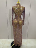 Shining Rhinestones Sexy Mesh See Through Long Dress Women Birthday Celebrate Evening Singer Show Stage Wear Photo Shoot Dress