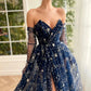 Fairy A-line فساتين السهرة Dark Blue Star Prom Dress Strapless Party Dresses Sexy Side Split Vestidos De Noche