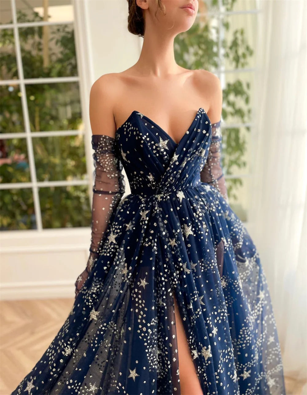 Fairy A-line فساتين السهرة Dark Blue Star Prom Dress Strapless Party Dresses Sexy Side Split Vestidos De Noche