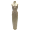 Luxury Sparkle Crystal Straps V-Neck Hollow Out Bodycon Rhinestone Party Dresses Birthday Evening Prom Maxi Dress Beige
