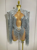 Luxury Sparkly Rhinestone Sequin Tassel Coat Skirt 2Pcs Women Birthday Party Nightclub Stage Performance Costume Silver