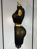 Luxury Rhinestone Mesh See Through Celebrate Birthday Dress Sparkly Top Short Skirt Two Pieces Sets Performance Stage Costume