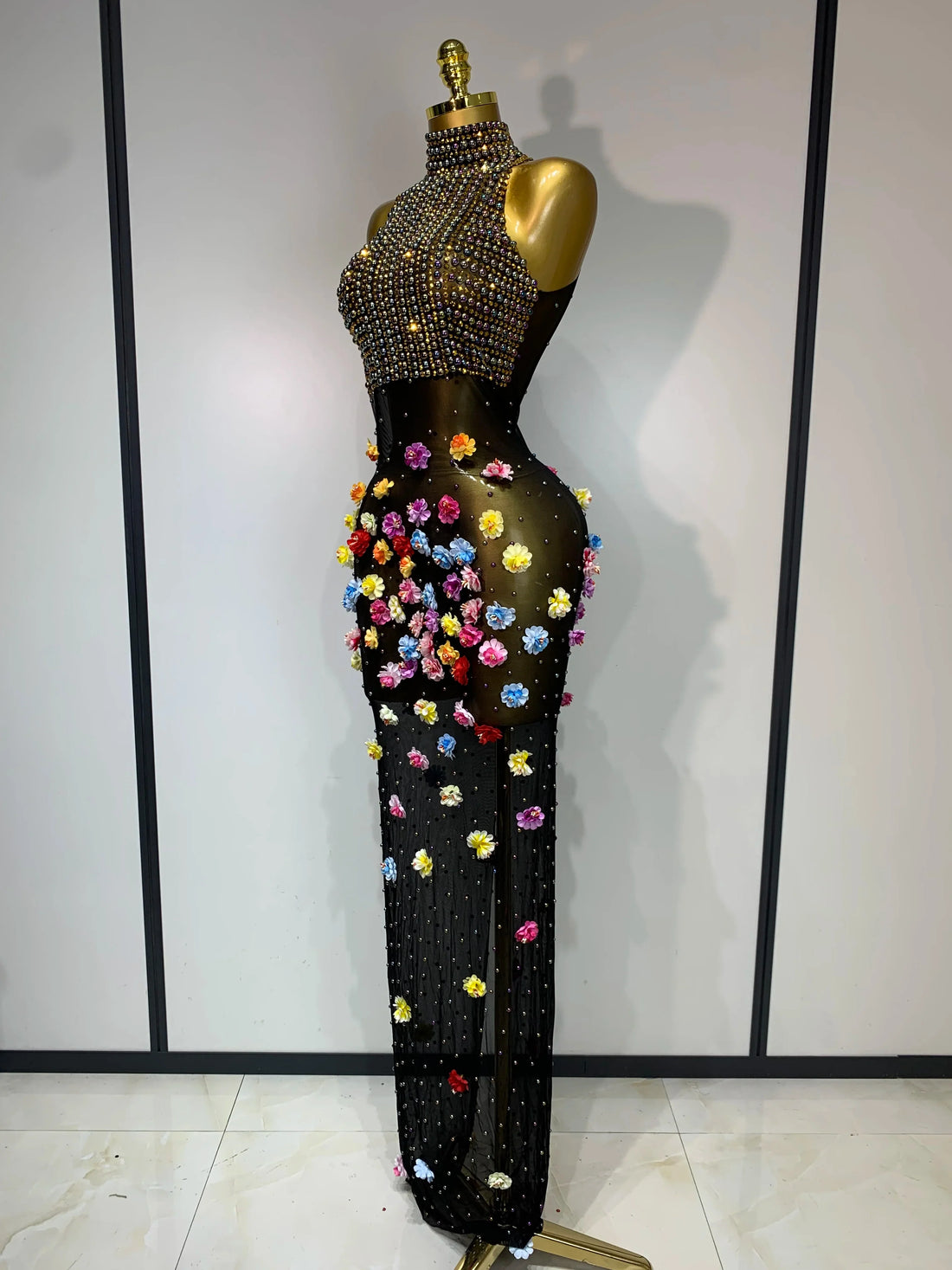 Luxury Rhinestones Flowers Sexy See Through Long Dress Elegant Evening Party Birthday Wedding Guest Dress Club Stage Outfit black