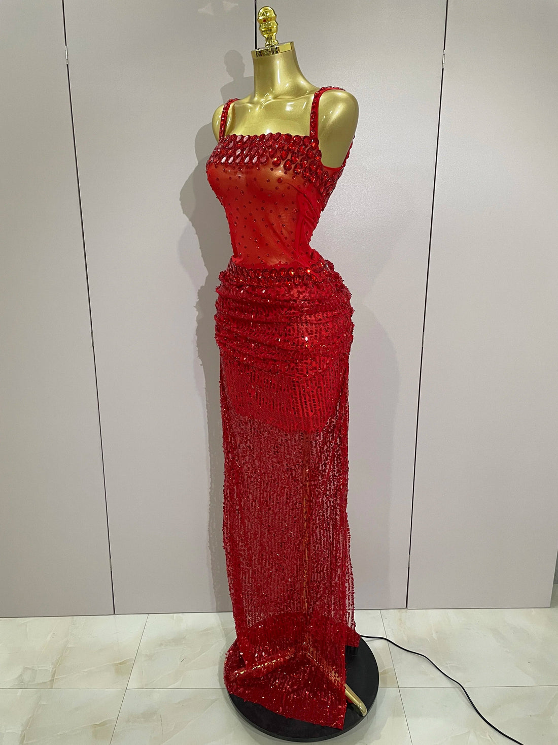 Sparkly Red Rhinestones Sequins Sexy See Through 2PCS Long Dress Women Celebrate Evening Birthday Party Dress Stage Costumes Red