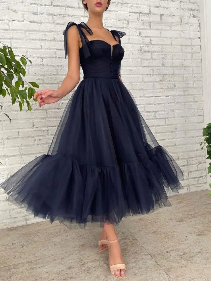 Simple Tea Length Evening Dresses Tulle A Line Spaghetti Strap Royal Blue Navy Blue Formal Party Prom Gowns Elegant Women Custom