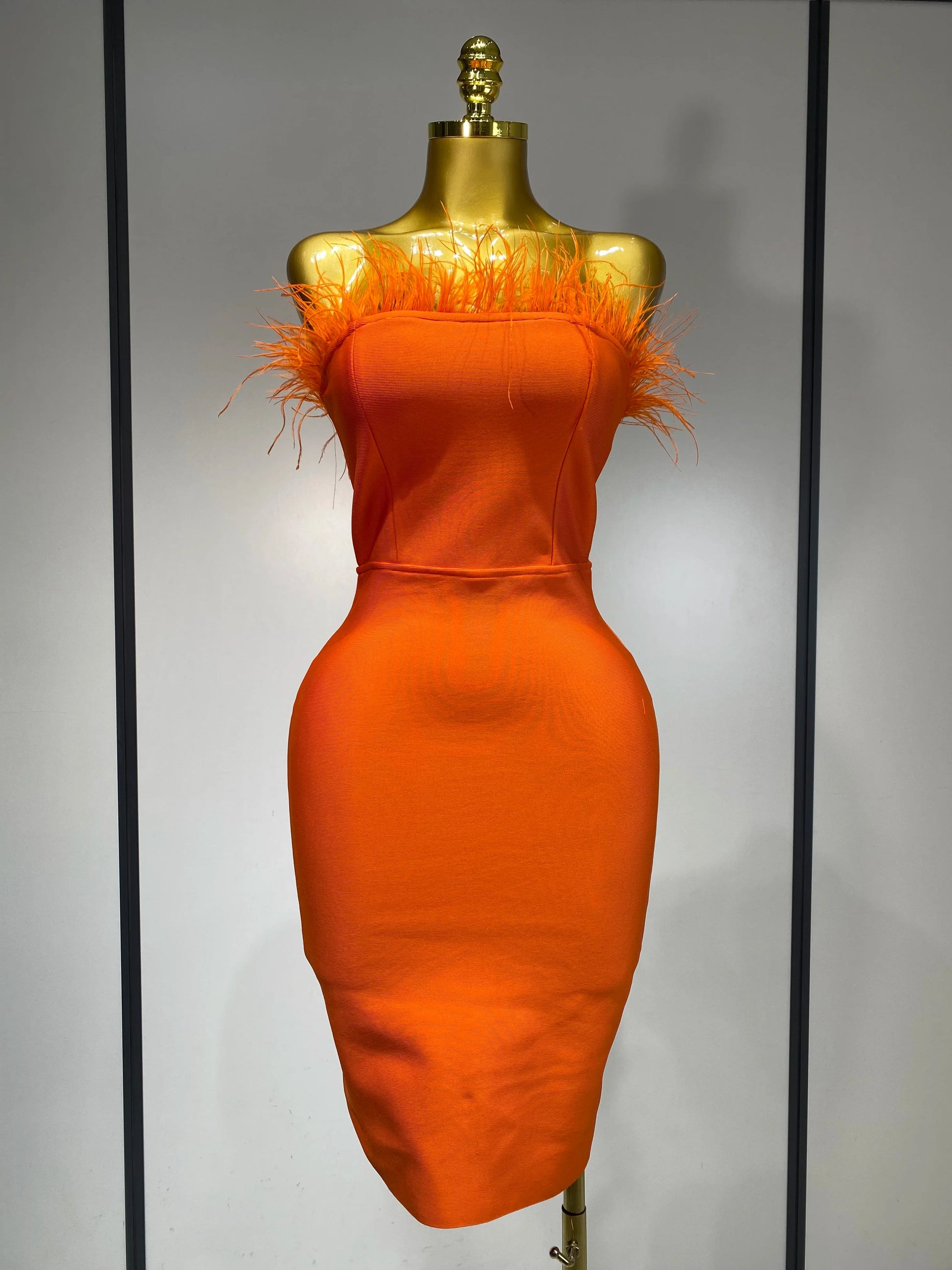 Women Sexy Backless Yellow Bodycon Bandage Dress Strapless Celebirty Elegant Feather Dresses Luxury Birthday Club Party Outfit Orange