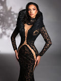Lace Accent Maxi Dress High Neckline Cut-out Tulle Fabric Long Sleeves Floor Length Cocktail Party Evening Gowns