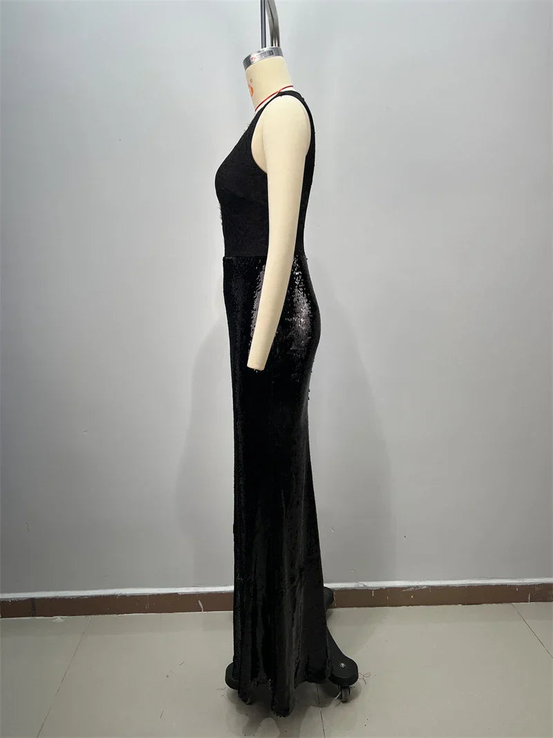 Black Lace Patchwork Sequins Sexy V-Neck Mermaid Floor Length Dress Fashion Woman Party Dress Celebrity banquet Outfit