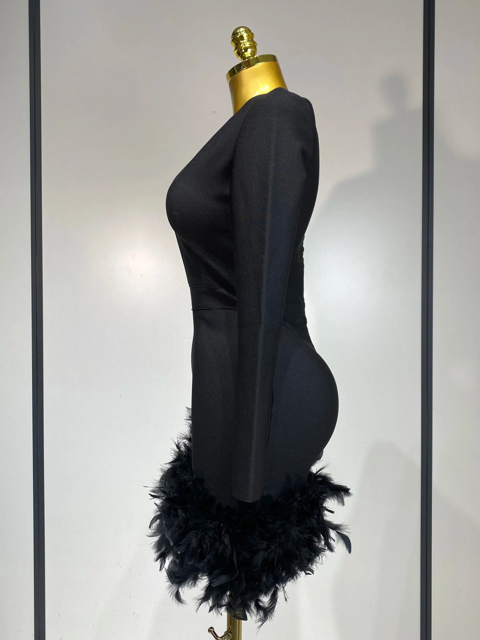 Women Fashion Sexy V Neck Long Sleeve Black Feather Mini Bodycon Bandage Dress Elegant Evening Club Birthday Party Dress