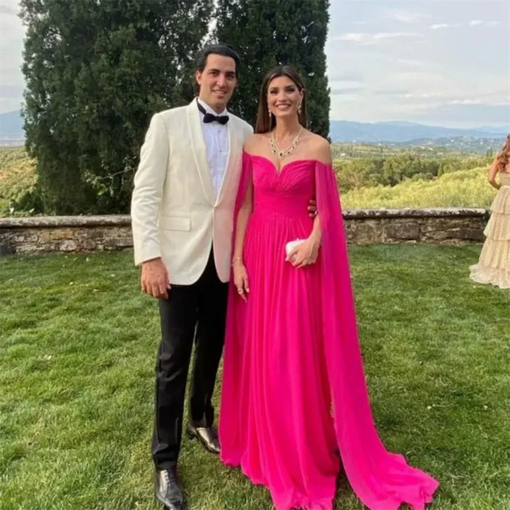 Cape Sleeve Prom Dress Rose Pink A-line فستان سهرة Sexy Off Shoulder Party Dresses Floor Lenght Vestido De Noche rose pink