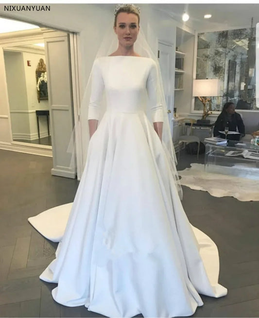 A Line Wedding Dresses With Three Quarter Sleeve New Meghan Markle Style Vintage Bateau Covered Buttons Back Simple Bridal