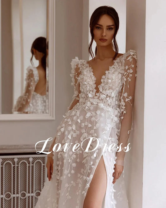 Sheer Deep V-Neck Wedding Dress Long Sleeves Lace Split Boho Bride Gown A-Line Backless Train Robe de mariée
