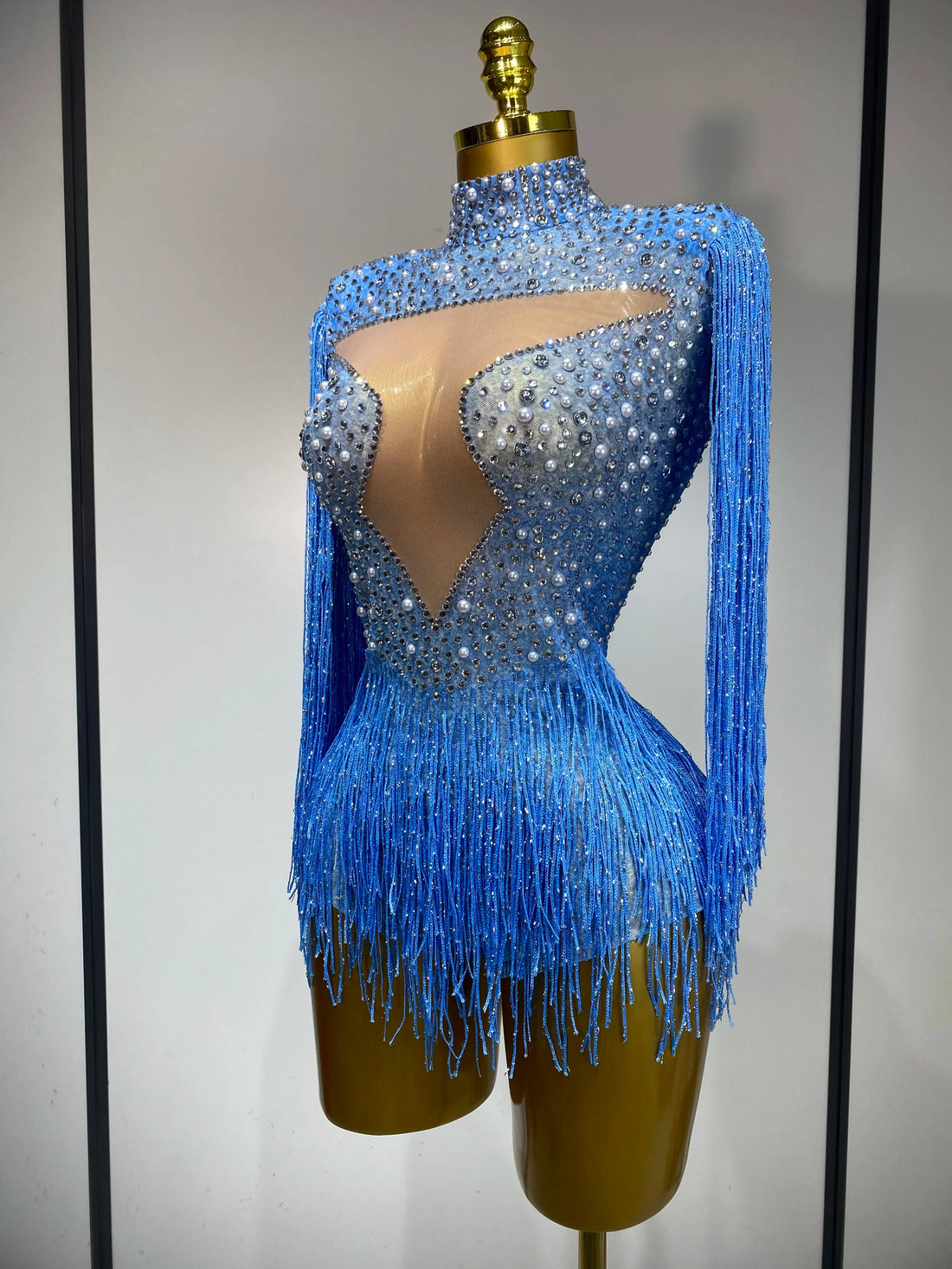Sparkly Luxury Tassel Bodysuit High Street Strech Transparent Performance Dance Costume Nightclub Celebrate Stage Outfit Blue