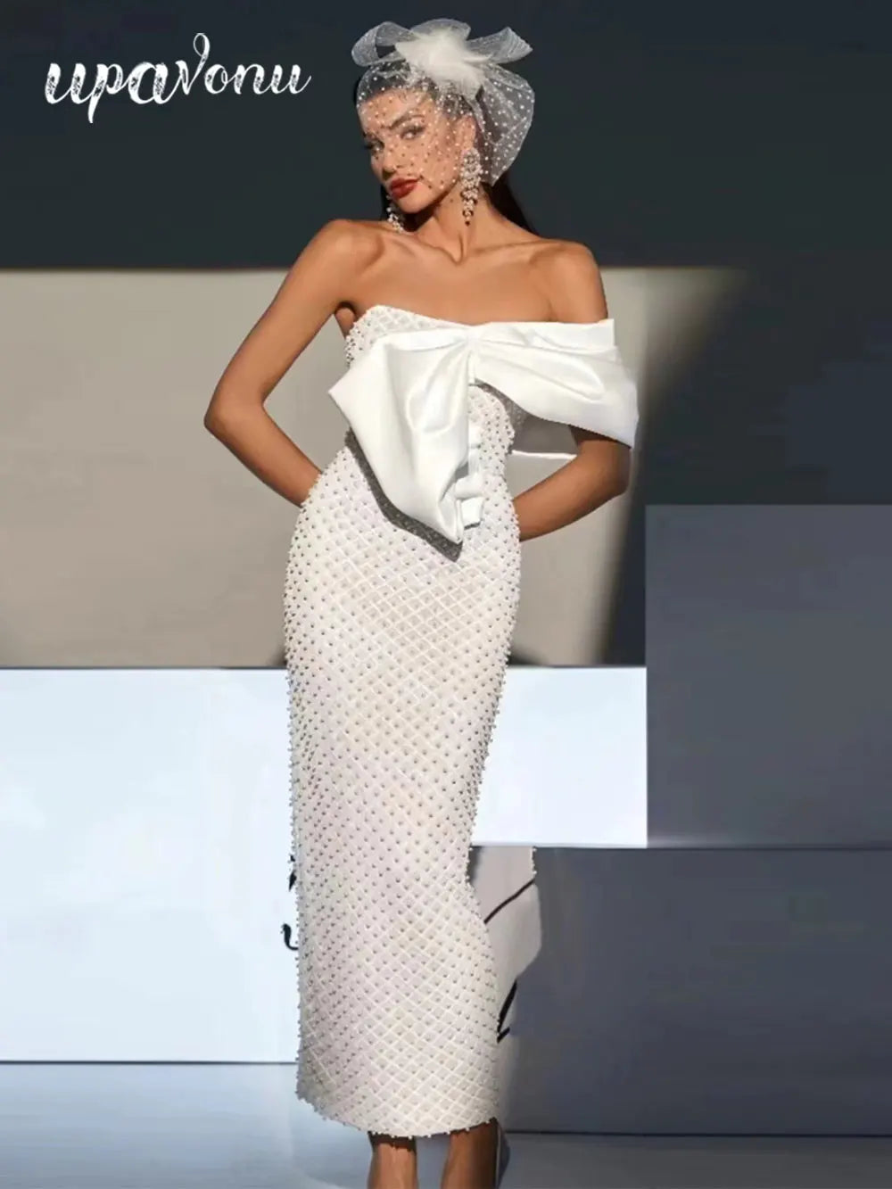 Sexy Women's Heavy Industry Nail Bead Dress Shoulder Collar Bodycon Backless Midi Dress Cocktail Evening Party Vestidos