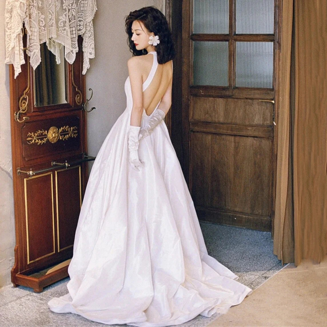 Vestido de novia de satén blanco francés de lujo, vestido de novia Sexy con cuello Halter y espalda descubierta, vestidos de fiesta de noche para boda para mujer