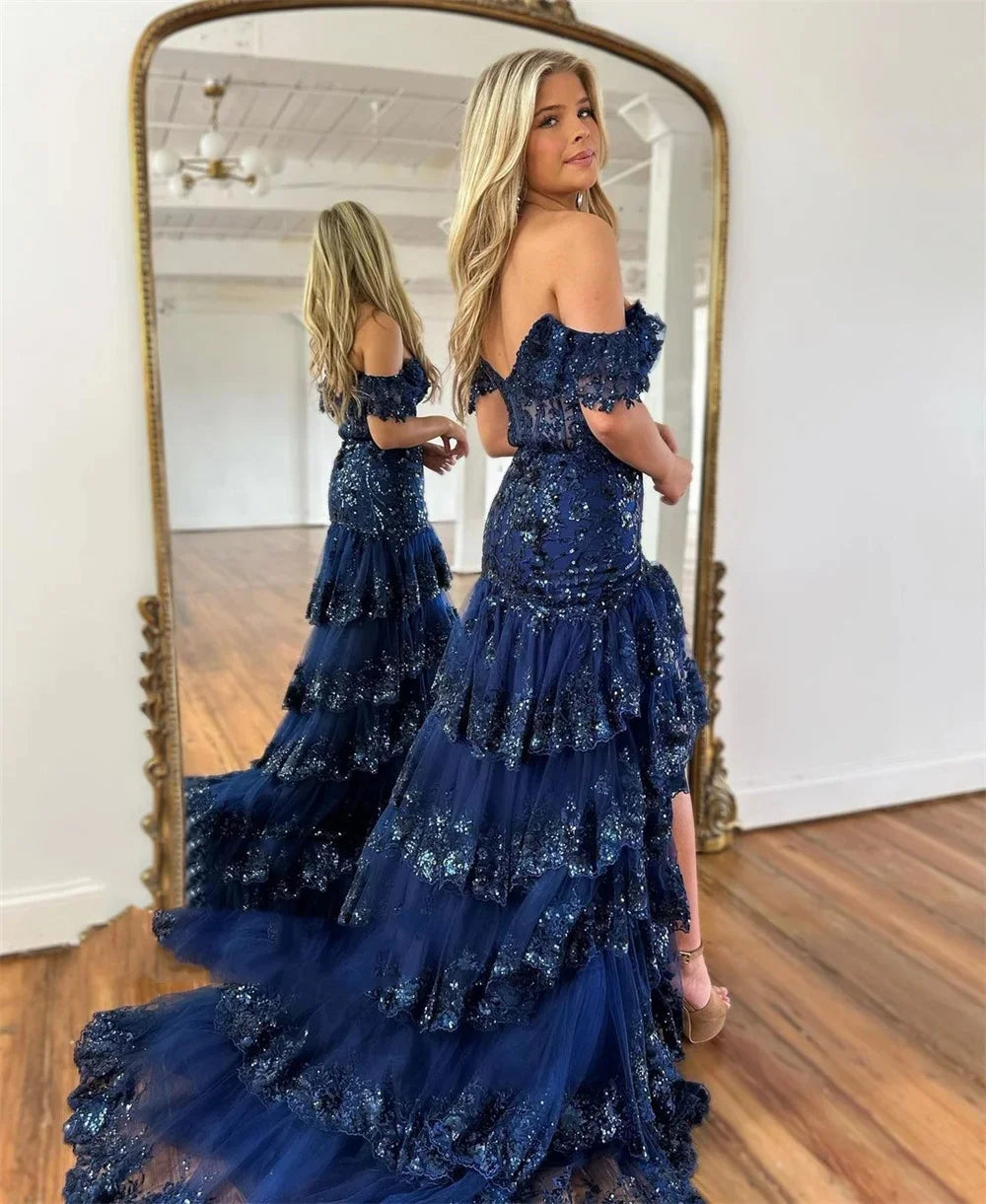 Mist Blue Beaded Off Shoulder Tulle Wedding Dress Shiny Sequins A-line Custom Dresses High-low Long Train vestido feminino