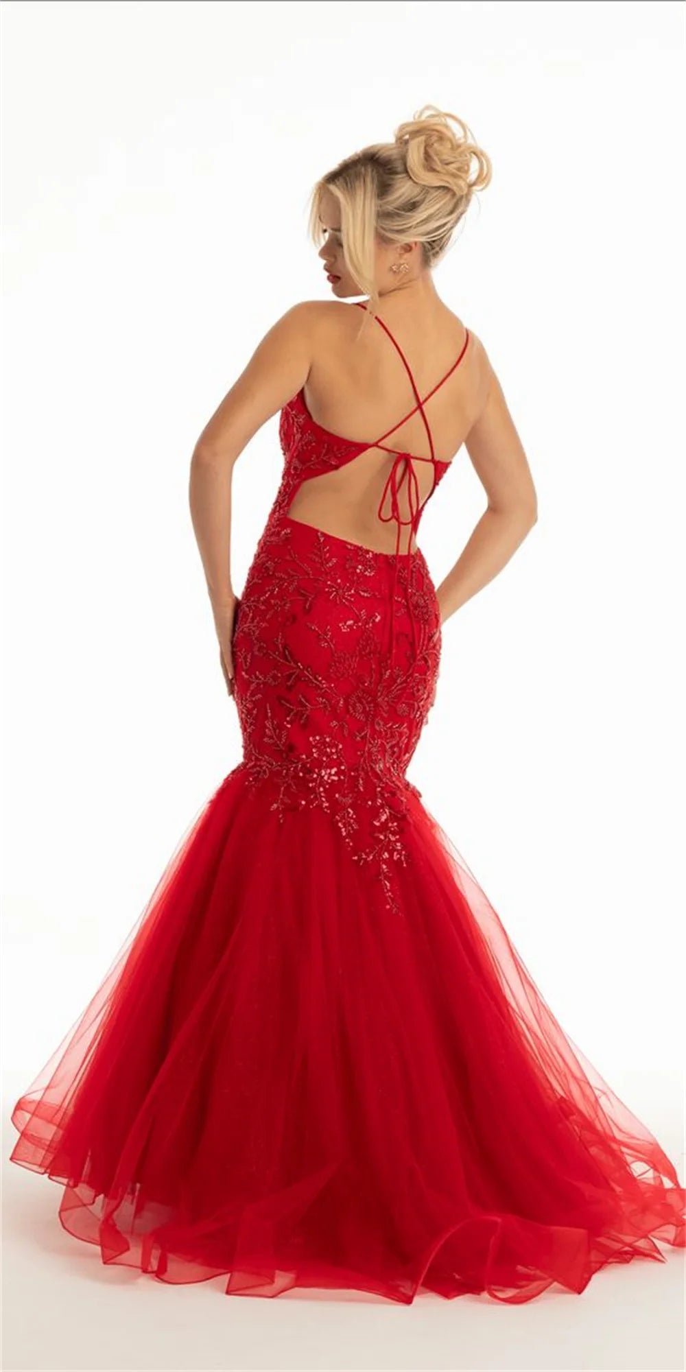 Luxury Red Lace Embroidery Prom Dresses Tulle Mermaid فساتين السهرة Elegant Sleeveless Floor-Length vestidos verano moda