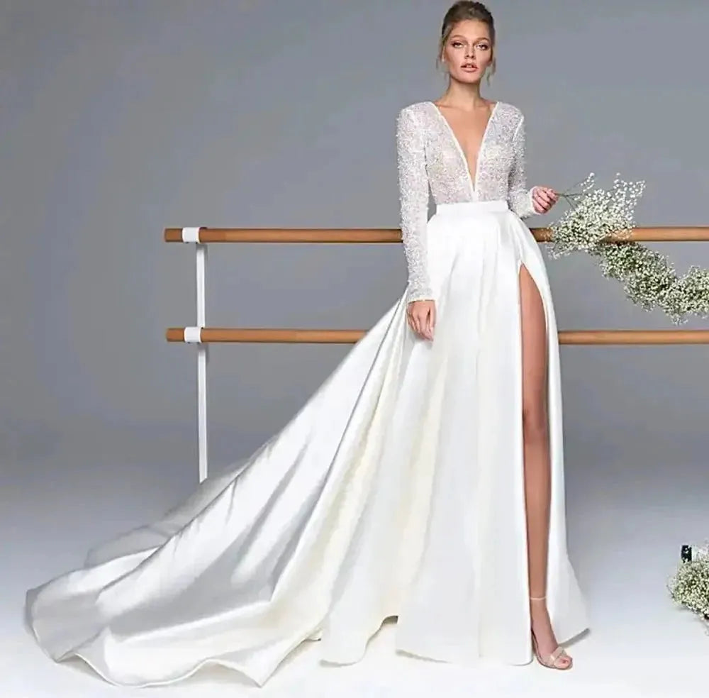 Custom Made Long Sleeves V-neck Brdial Grown A Line Wedding Dresses Side Slit 26w