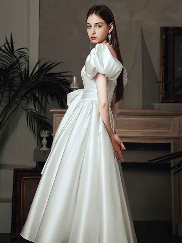 White Satin Wedding Dresses for Bride Elegant Puff Sleeve Retro Hepburn Palace Princess Dress Summer Women Long Formal Dress White