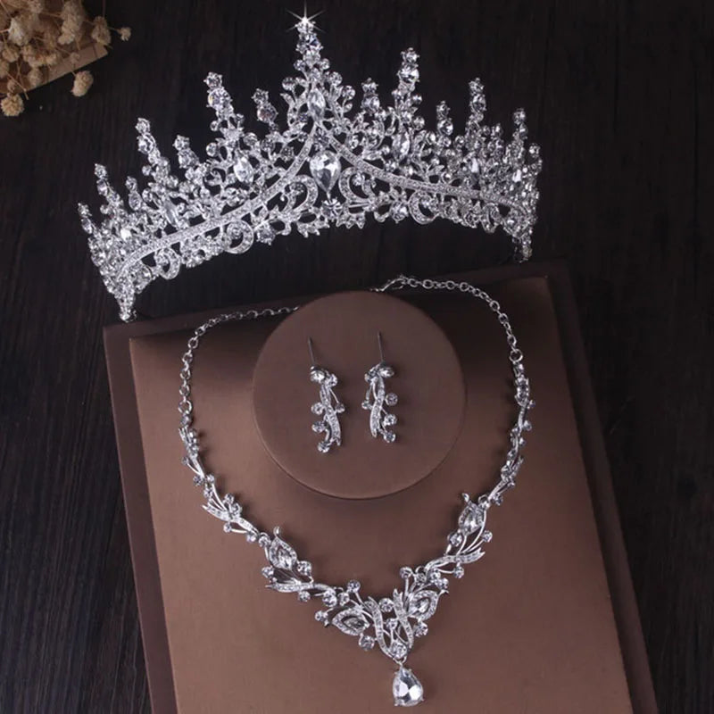 Luxury Silver Color Crystal Water Drop Bridal Jewelry Sets Rhinestone Tiaras Crown Necklace Earrings Wedding Dubai Jewelry Set TS-0002-I-XL-0014-A Tiaras
