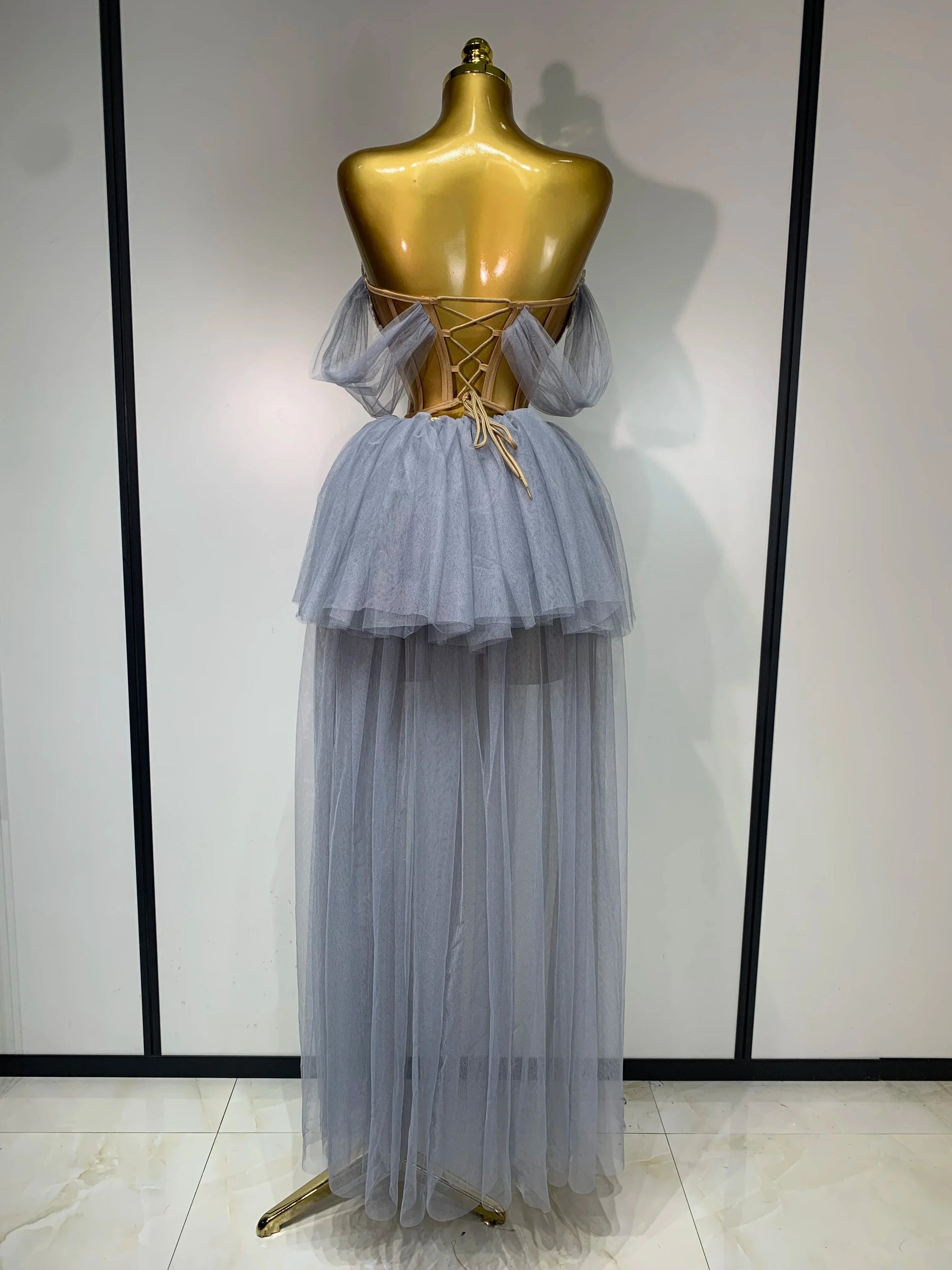 Sexy Backless Mesh Top Skirt Two Pieces Set Celebrate Festival Performance Costume Luxury Birthday Evening Party Design Dress