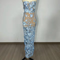 Sexy Strapless Embroidery Flower Long Dress Women Sleeveless Structured Floral Slim Elegant Party Cocktail Evening Gowns Blue