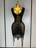 Sparkly Rhinestone Mesh See Through V Neck Dress Women Sexy Performance Stage Costume Evening Party Club Luxury Birthday Outfit black
