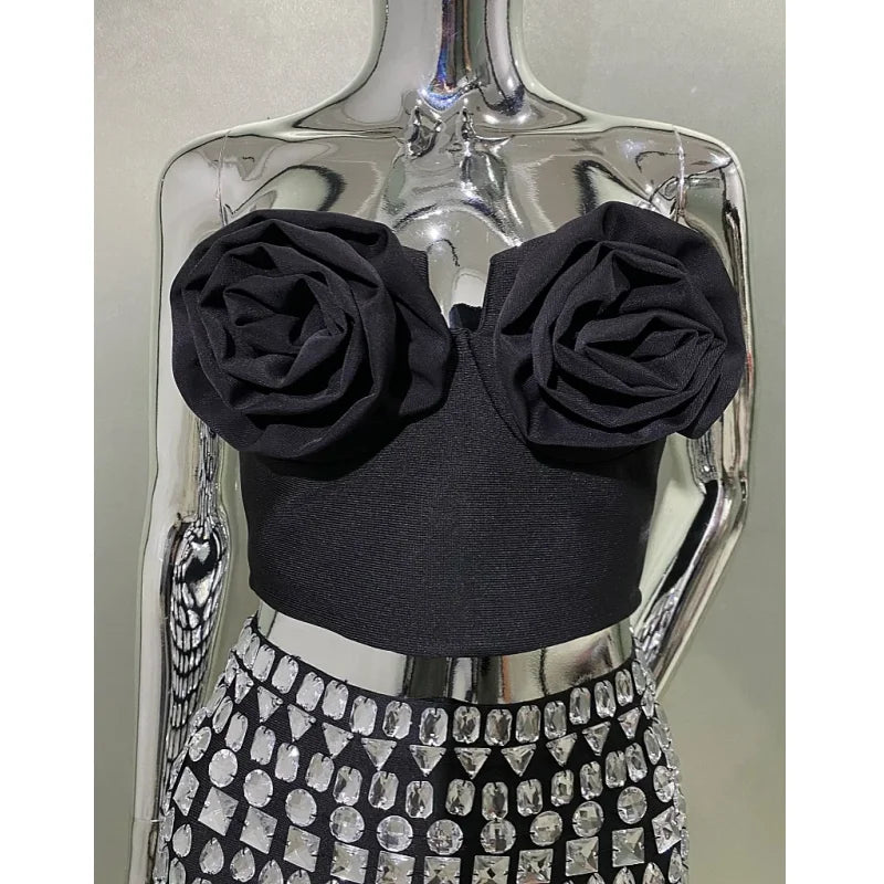 Stylish Sexy Woman Item Stereoscopic Flowers Strapless Top Summer Party Music Festival Vestido Holiday Vocation Outfit