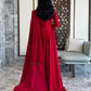 Red Square Collar Prom Dressess Satin A-line Vestidos De Noche Elegant Long Sleeves Floor-Length Long Shawl Graduation