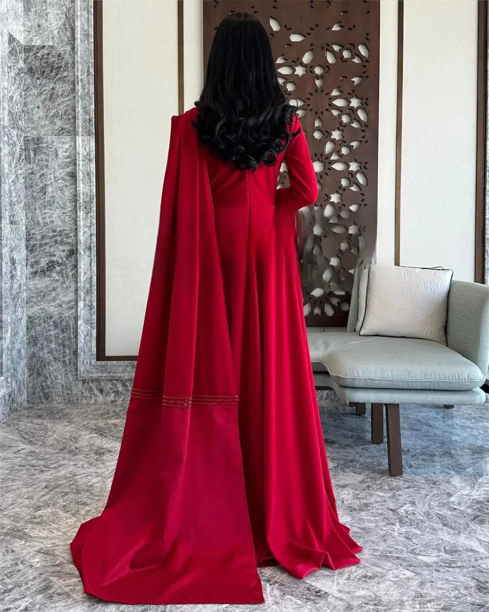 Red Square Collar Prom Dressess Satin A-line Vestidos De Noche Elegant Long Sleeves Floor-Length Long Shawl Graduation as pic