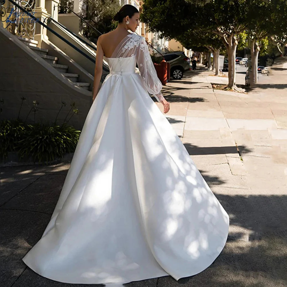 אפליקציות תחרה אחת שמלת כלה שרוול נשף אחת מפוצלת vestidos de novia חלוק כתם de mariée לנשים שמלת רכבת מטאטא בהתאמה אישית