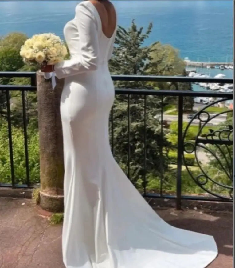 Vestidos de novia sirena vestidos de novia escote cuadrado sin espalda manga larga elegante para mujeres personalizar a medidas elegantes