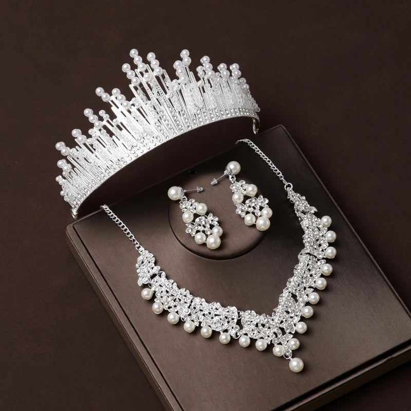Luxury Silver Color Crystal Water Drop Bridal Jewelry Sets Rhinestone Tiaras Crown Necklace Earrings Wedding Dubai Jewelry Set TS-0079-A-XL-0003-G Tiaras