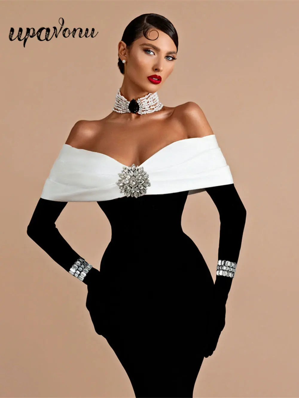 Sexy Women's Light Luxury Patchwork Nail Diamond Design Bandage Dress One Collar Shoulder Long Sleeve Bodycon Long Dresses