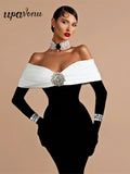 Sexy Women's Light Luxury Patchwork Nail Diamond Design Bandage Dress One Collar Shoulder Long Sleeve Bodycon Long Dresses