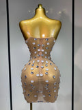 Sexy Sparkly Rhinestone Backless Mini Dress Women Sleeveless Mesh See Through Evening Party Luxury Birthday Gown Stage Outfit