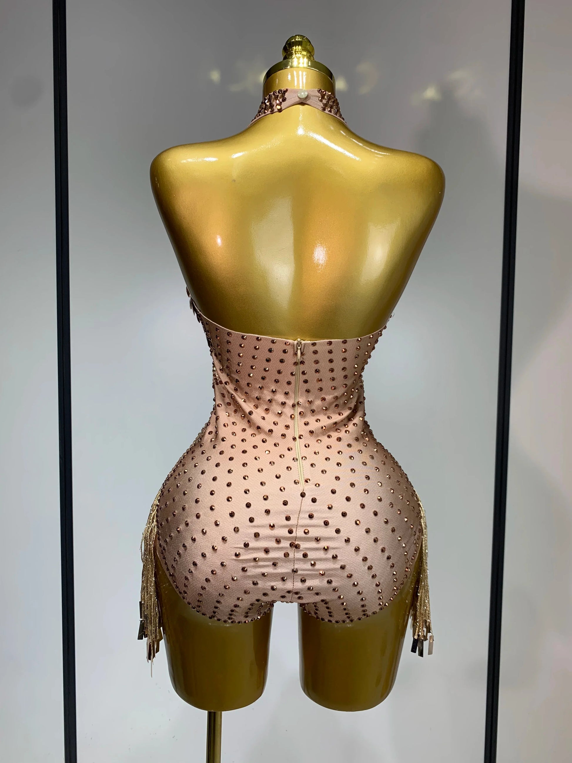 Luxury Sparkly Rhinestones Tassels Sequins Bodysuit Women Sexy Halter Backless Stage Performance Costume Club Birthday Outfit