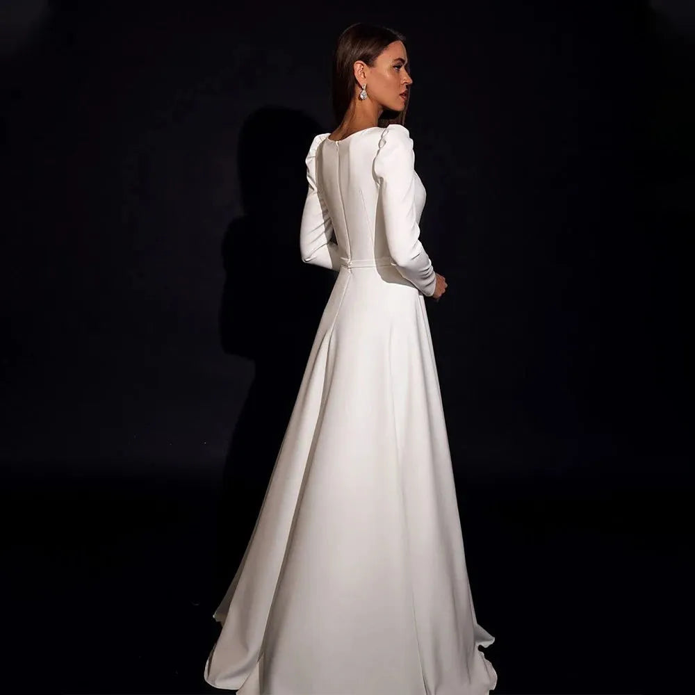 Elegant A Line Wedding Dress Square Coallar Long Puff Sleeve Floor Length Satin Bridal Gown Simple Robe De Mariee Custom Made 14w