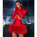 Gorgeous Feathers Sexy Hollow Out Red Mini Bandage Dress Fashion Woman Evening Dress Merry Christmmas Party Outfit