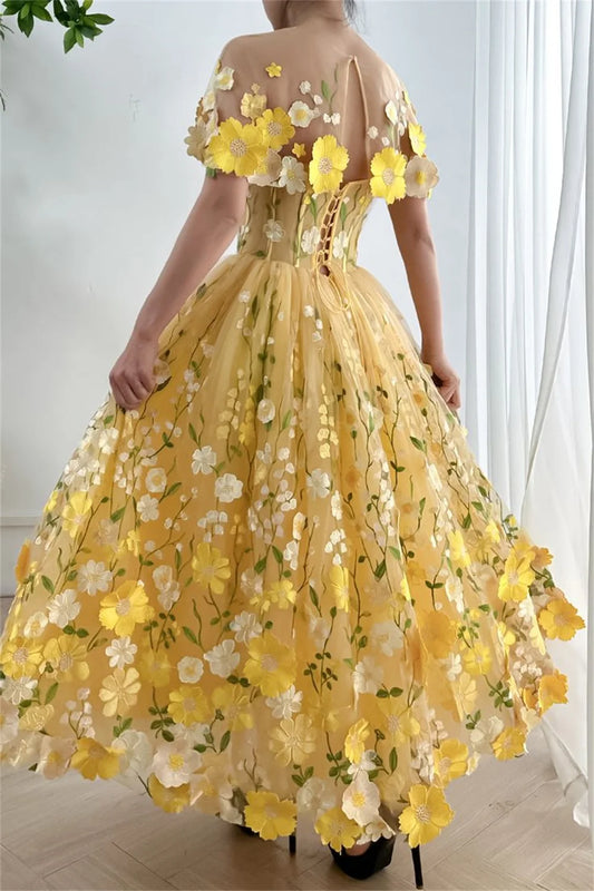 Yellow Flowers Appliques Prom Dresses A-line فساتين السهرة Elegant Detachable Shawl Ankle-Length vestidos verano moda