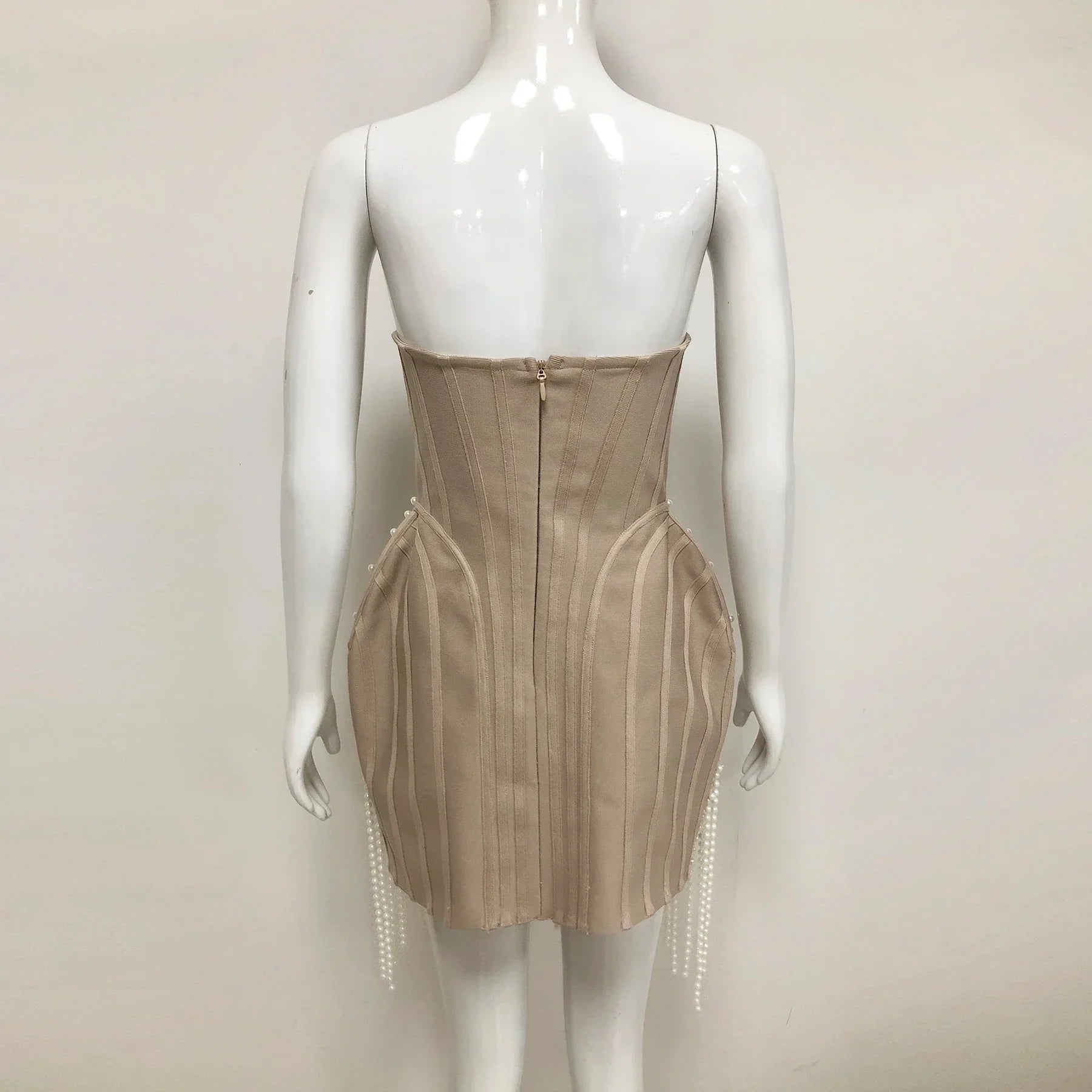 Exquisite Pearl Beading Strapless Khaki Color Bandage Mini Dress Fashion Woman Birthday Party Vestido Evening Party Outfit