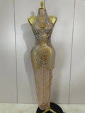 Luxury Sparkly Gold Rhinestone Sexy Transparent Mesh Long Dress Women Birthday Party Gown Stage Singer Performance Costume Silver