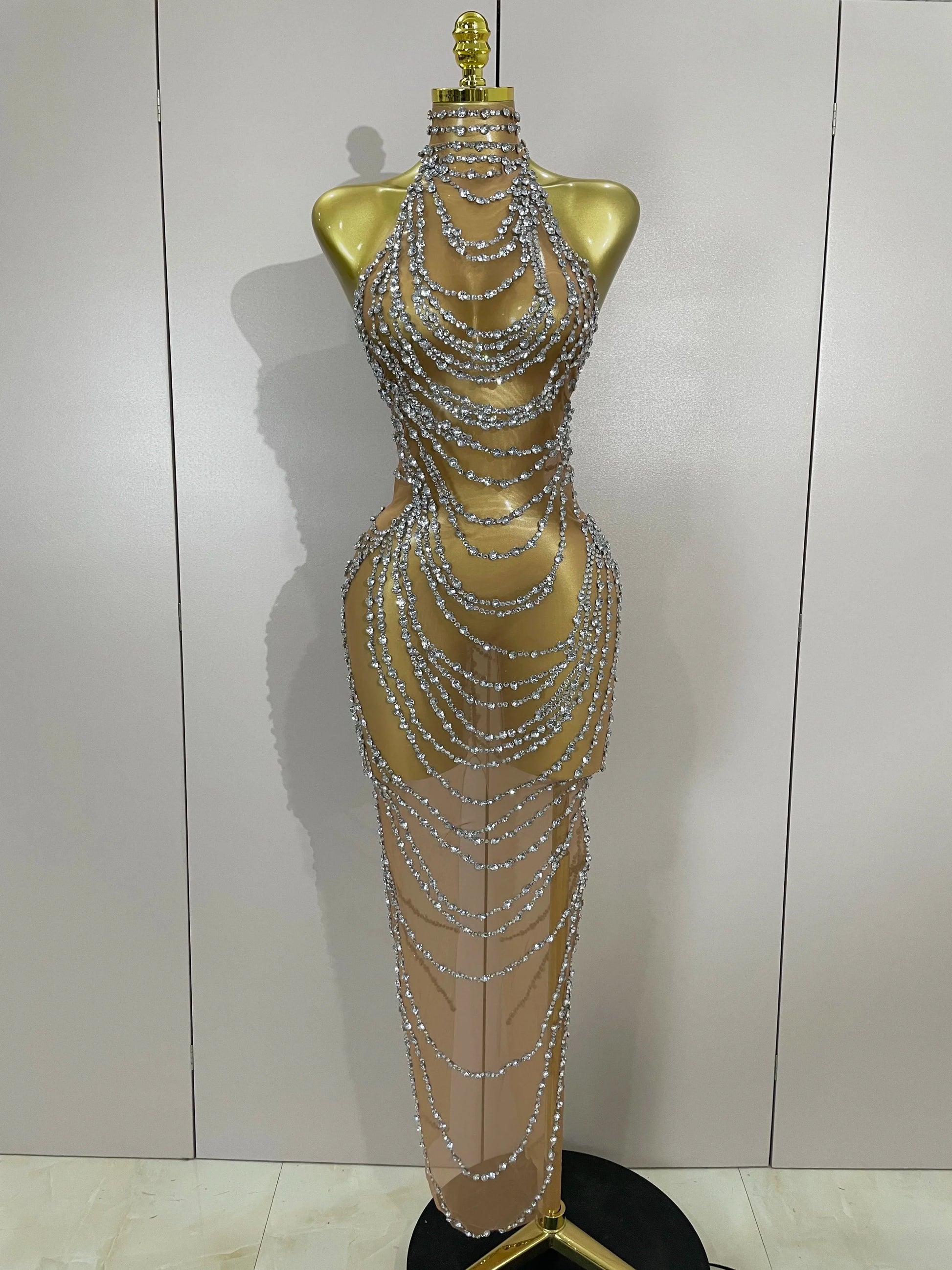 Luxury Sparkly Gold Rhinestone Sexy Transparent Mesh Long Dress Women Birthday Party Gown Stage Singer Performance Costume Silver