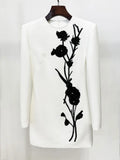 Women Sequined Bead Flower Elegant Dress O-Neck Long Sleeved Bodycon Mini White Dress Celebrity Cocktail Party Vestidos