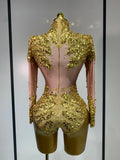 Sparkly Gold Rhinestone Sequin Stretch Bodysuits Women Luxury Birthday Party Nightclub Dancer Stage Performance Costume