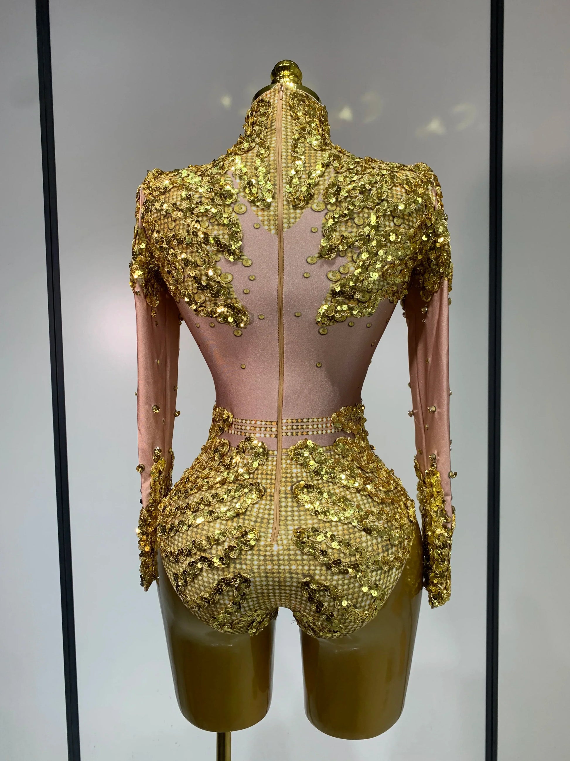 Sparkly Gold Rhinestone Sequin Stretch Bodysuits Women Luxury Birthday Party Nightclub Dancer Stage Performance Costume