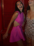 Women' Birthday Party Dress Sweet Sexy Waist Hollow Out 3D Flower Hot Pink Bandage Stretch A-Line Mini Dress